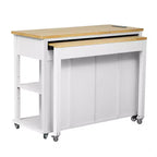 Îlot de cuisine Whisen 47 avec table à manger extensible, table de cuisine en placage de bois d'hévéa avec étagère de rangement et prise de courant