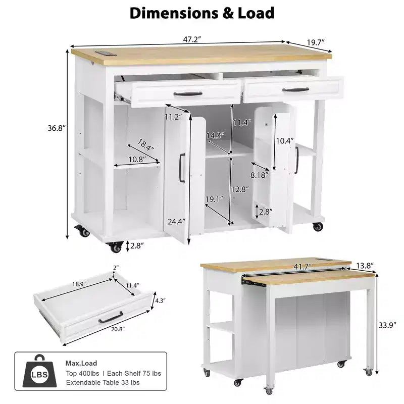 Îlot de cuisine Whisen 47 avec table à manger extensible, table de cuisine en placage de bois d'hévéa avec étagère de rangement et prise de courant