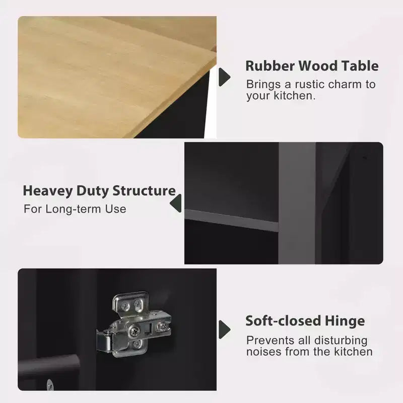 Îlot de cuisine Whisen 47 avec table à manger extensible, table de cuisine en placage de bois d'hévéa avec étagère de rangement et prise de courant