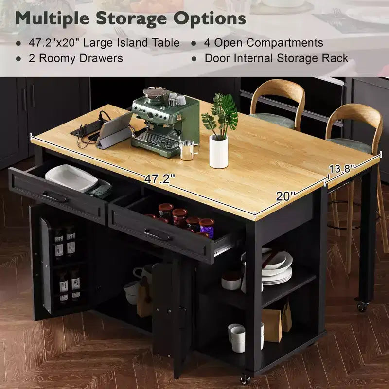 Îlot de cuisine Whisen 47 avec table à manger extensible, table de cuisine en placage de bois d'hévéa avec étagère de rangement et prise de courant