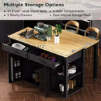 Îlot de cuisine Whisen 47 avec table à manger extensible, table de cuisine en placage de bois d'hévéa avec étagère de rangement et prise de courant