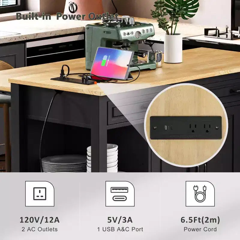 Îlot de cuisine Whisen 47 avec table à manger extensible, table de cuisine en placage de bois d'hévéa avec étagère de rangement et prise de courant