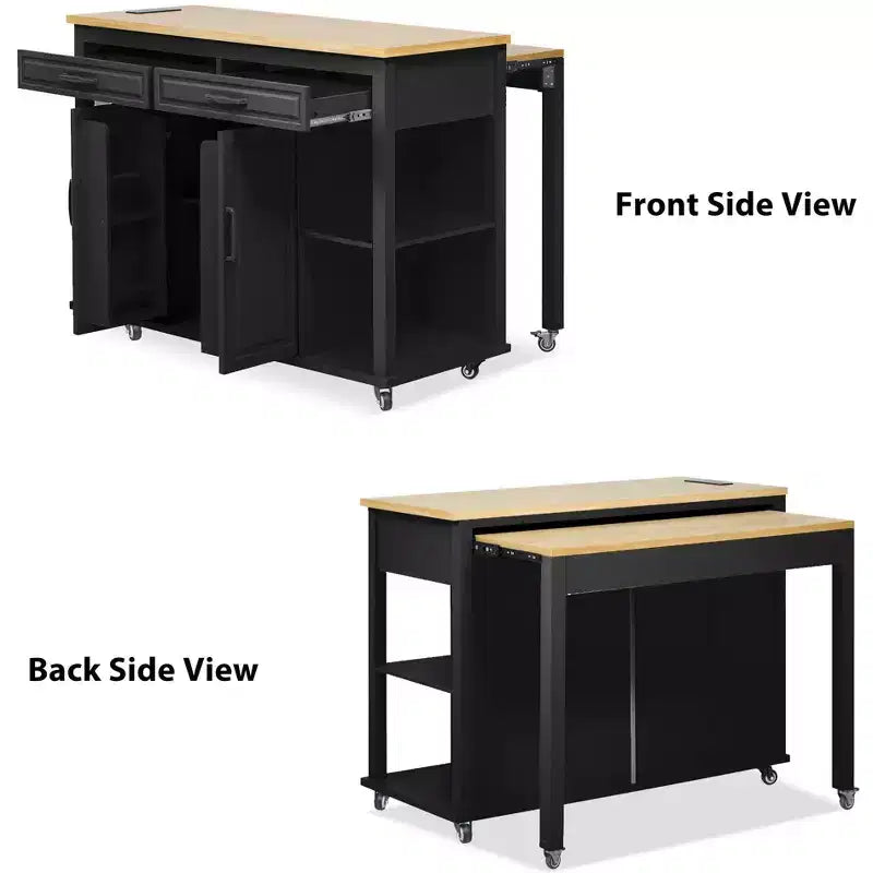 Îlot de cuisine Whisen 47 avec table à manger extensible, table de cuisine en placage de bois d'hévéa avec étagère de rangement et prise de courant