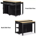 Îlot de cuisine Whisen 47 avec table à manger extensible, table de cuisine en placage de bois d'hévéa avec étagère de rangement et prise de courant