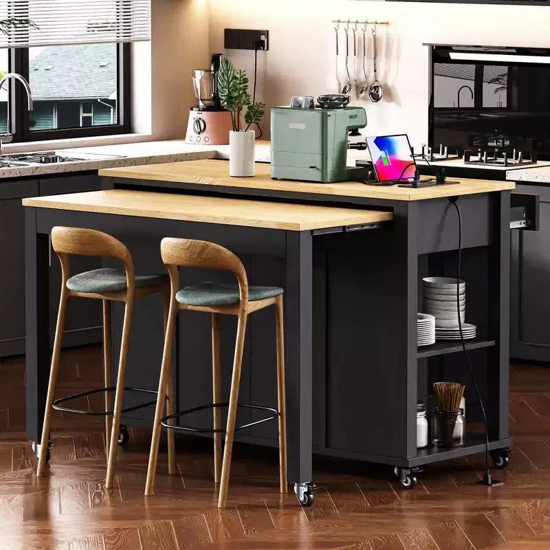 Îlot de cuisine Whisen 47 avec table à manger extensible, table de cuisine en placage de bois d'hévéa avec étagère de rangement et prise de courant
