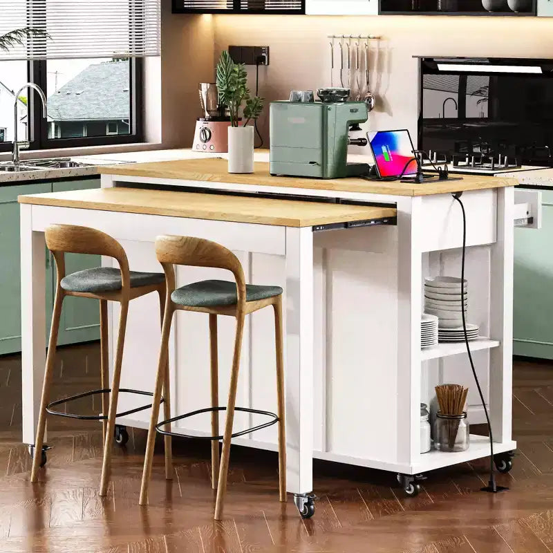 Îlot de cuisine Whisen 47 avec table à manger extensible, table de cuisine en placage de bois d'hévéa avec étagère de rangement et prise de courant