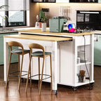 Îlot de cuisine Whisen 47 avec table à manger extensible, table de cuisine en placage de bois d'hévéa avec étagère de rangement et prise de courant