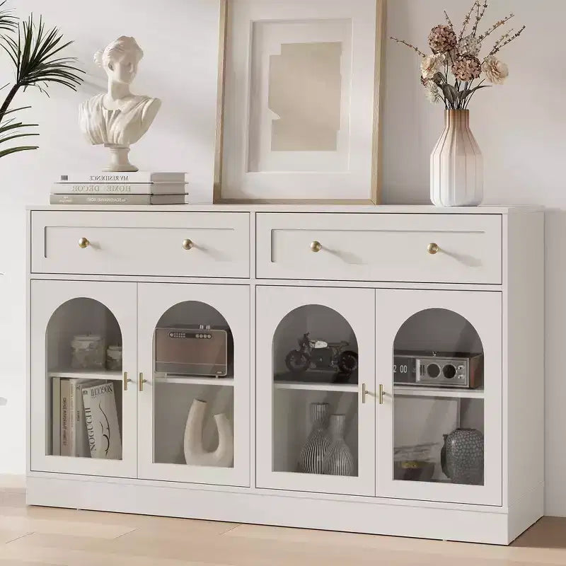 Buffet Heynemo, buffet avec étagères réglables et 4 portes, buffet de rangement de cuisine avec 2 tiroirs, table de bar à café en bois, blanc