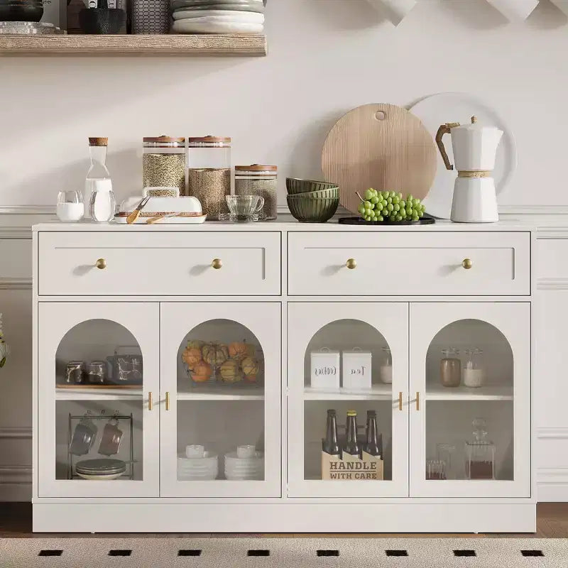 Buffet Heynemo, buffet avec étagères réglables et 4 portes, buffet de rangement de cuisine avec 2 tiroirs, table de bar à café en bois, blanc