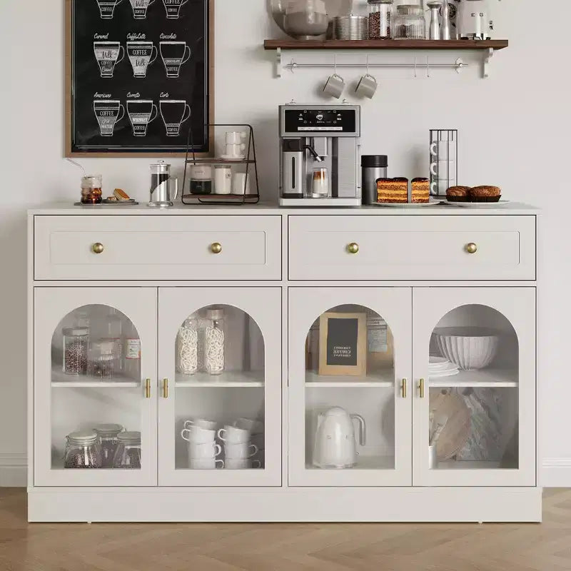 Buffet Heynemo, buffet avec étagères réglables et 4 portes, buffet de rangement de cuisine avec 2 tiroirs, table de bar à café en bois, blanc