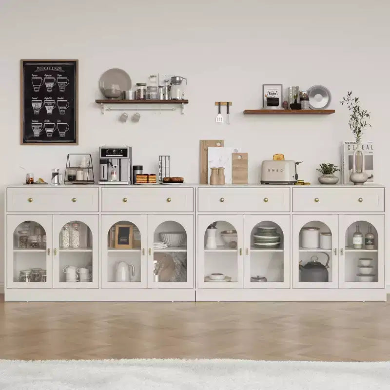 Buffet Heynemo, buffet avec étagères réglables et 4 portes, buffet de rangement de cuisine avec 2 tiroirs, table de bar à café en bois, blanc