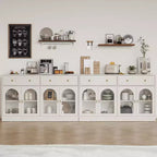 Buffet Heynemo, buffet avec étagères réglables et 4 portes, buffet de rangement de cuisine avec 2 tiroirs, table de bar à café en bois, blanc