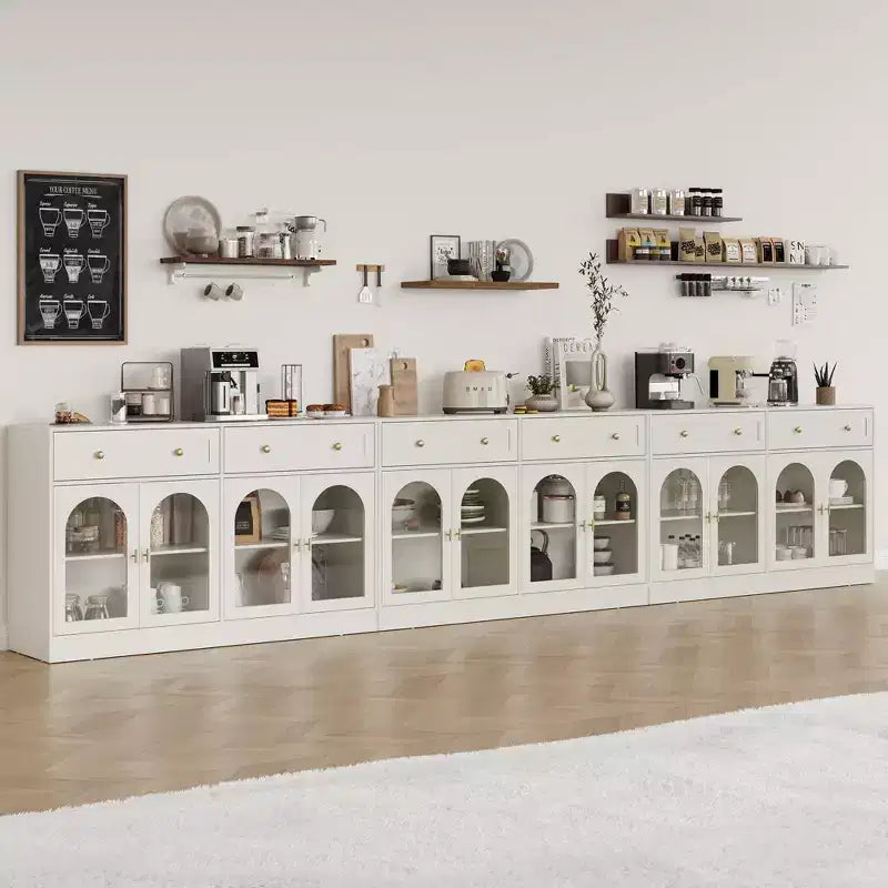 Buffet Heynemo, buffet avec étagères réglables et 4 portes, buffet de rangement de cuisine avec 2 tiroirs, table de bar à café en bois, blanc