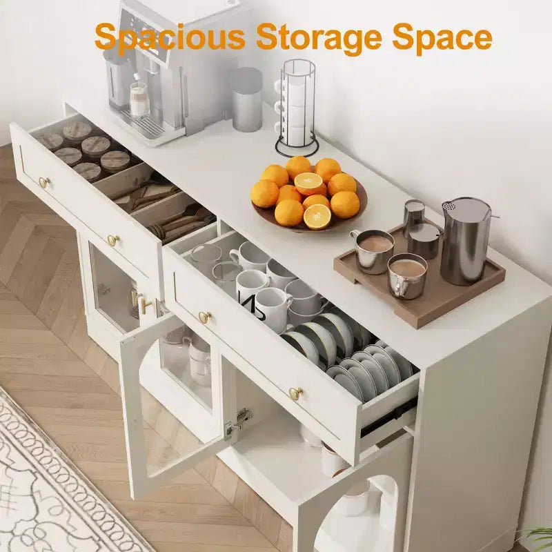 Buffet Heynemo, buffet avec étagères réglables et 4 portes, buffet de rangement de cuisine avec 2 tiroirs, table de bar à café en bois, blanc
