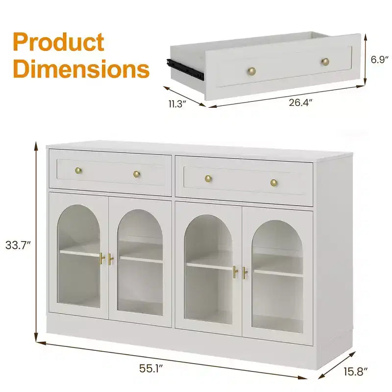 Buffet Heynemo, buffet avec étagères réglables et 4 portes, buffet de rangement de cuisine avec 2 tiroirs, table de bar à café en bois, blanc