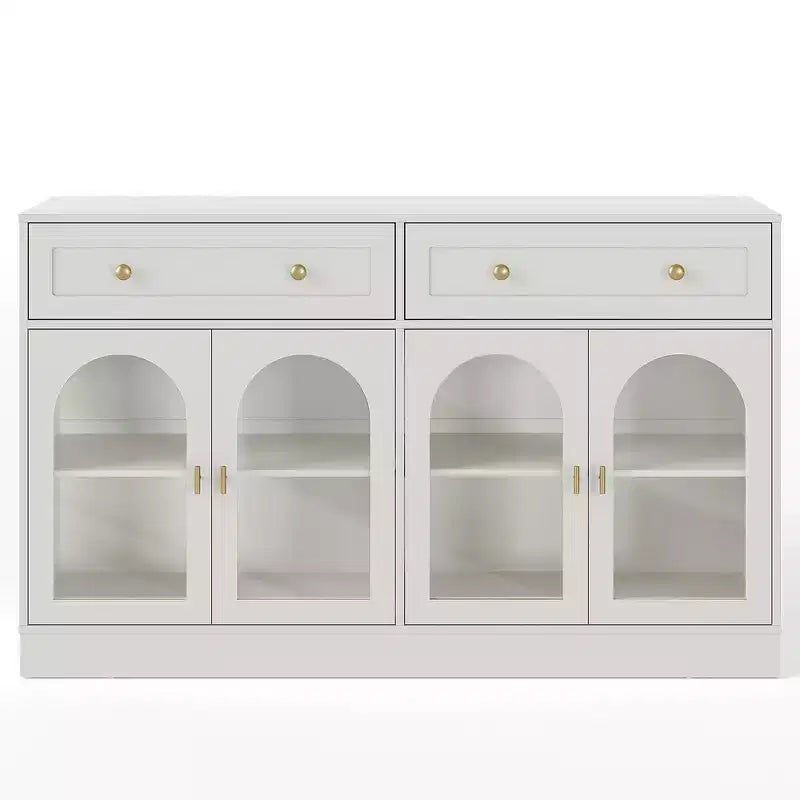 Buffet Heynemo, buffet avec étagères réglables et 4 portes, buffet de rangement de cuisine avec 2 tiroirs, table de bar à café en bois, blanc