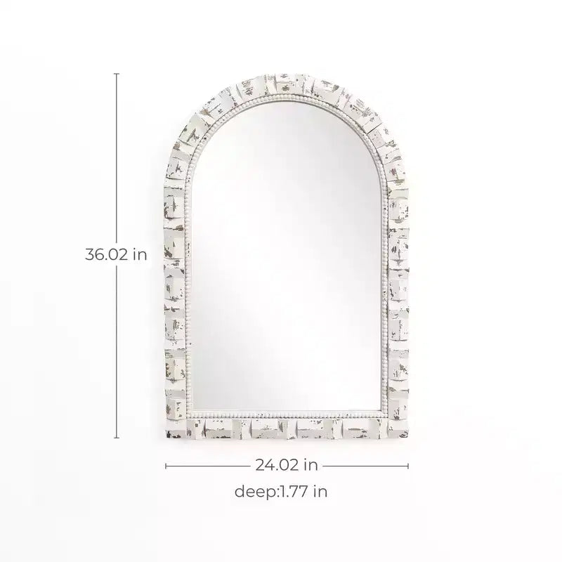 Miroir mural rectangulaire LuxenHome avec arche et finition blanc vieilli, 91 cm de haut, Décoratif et Coiffeuse