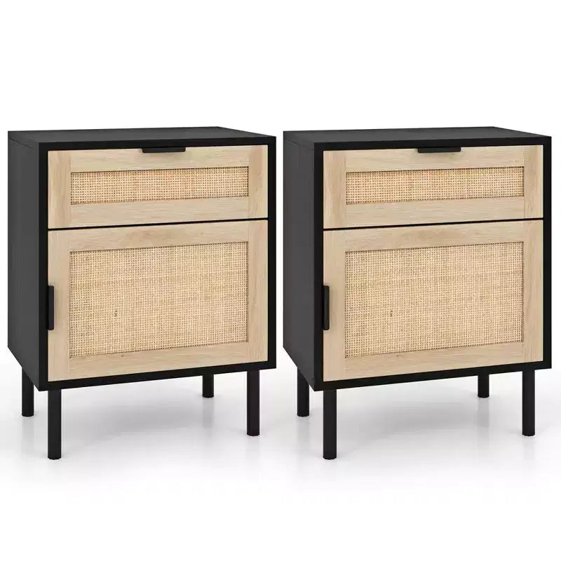 Costway Table de Chevet en Rotin, Lot de 2 Tables d'Appoint Modernes du Milieu du Siècle avec Tiroir et Armoire