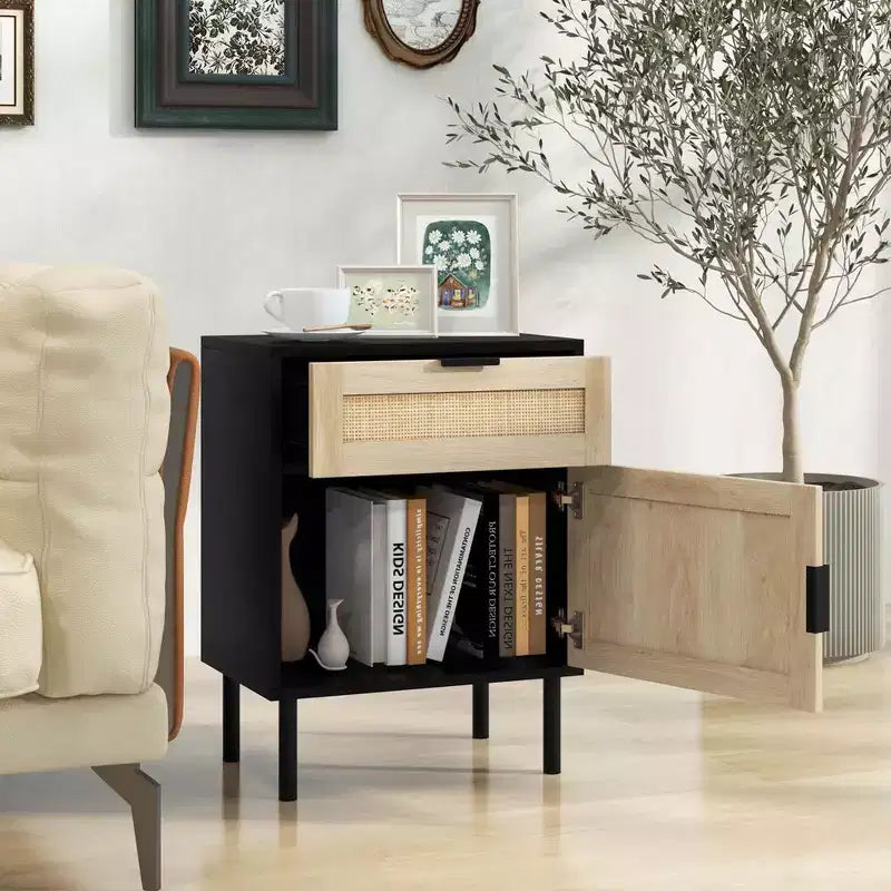 Costway Table de Chevet en Rotin, Lot de 2 Tables d'Appoint Modernes du Milieu du Siècle avec Tiroir et Armoire