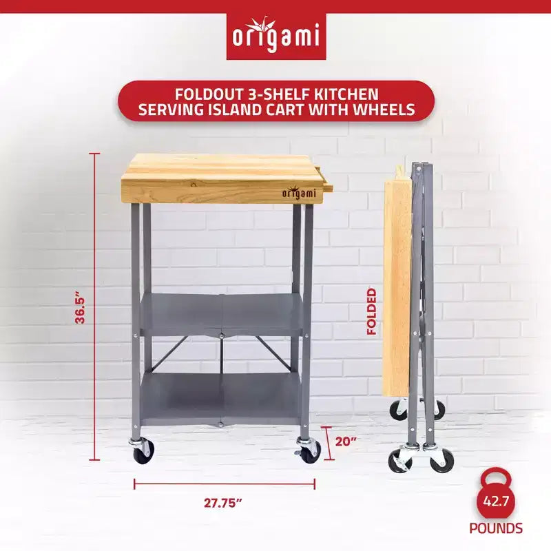 Chariot d'îlot de cuisine pliable Origami, chariot de rangement roulant à roulettes avec étagères, table de préparation portable pour cuisines, salles à manger et patios