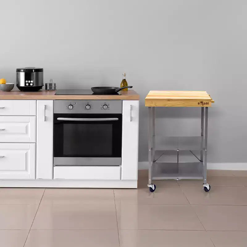 Chariot d'îlot de cuisine pliable Origami, chariot de rangement roulant à roulettes avec étagères, table de préparation portable pour cuisines, salles à manger et patios