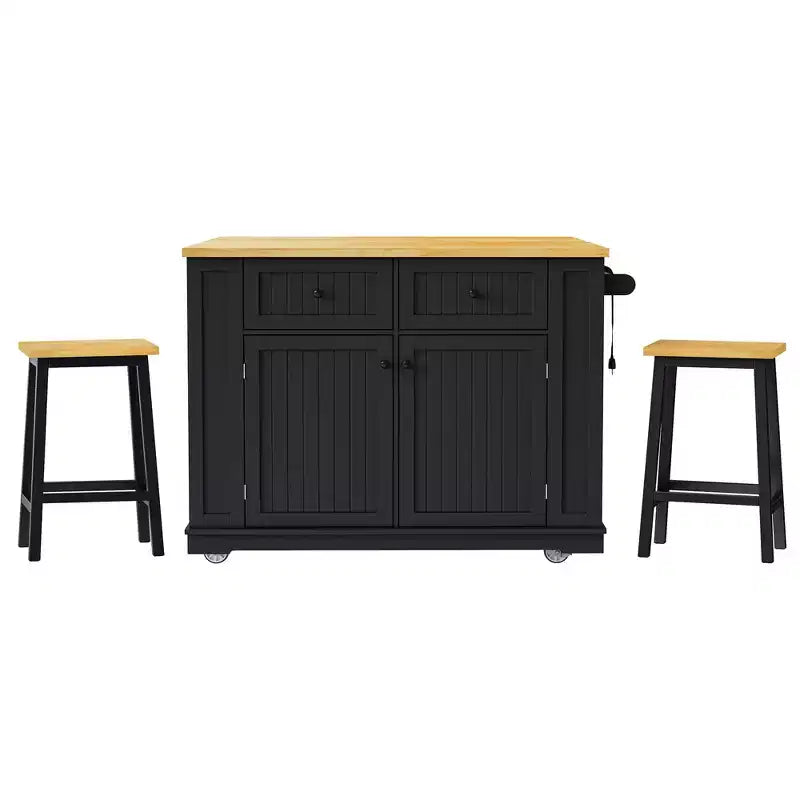 Grand îlot de cuisine roulant de 122 cm avec rallonge, prise de courant et 5 roulettes, chariot de cuisine avec étagères réglables et porte-épices, blanc/noir - ModernLuxe
