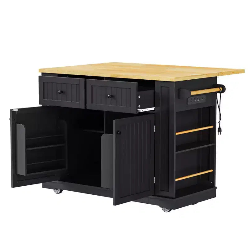 Grand îlot de cuisine roulant de 122 cm avec rallonge, prise de courant et 5 roulettes, chariot de cuisine avec étagères réglables et porte-épices, blanc/noir - ModernLuxe