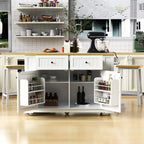 Grand îlot de cuisine roulant de 122 cm avec rallonge, prise de courant et 5 roulettes, chariot de cuisine avec étagères réglables et porte-épices, blanc/noir - ModernLuxe
