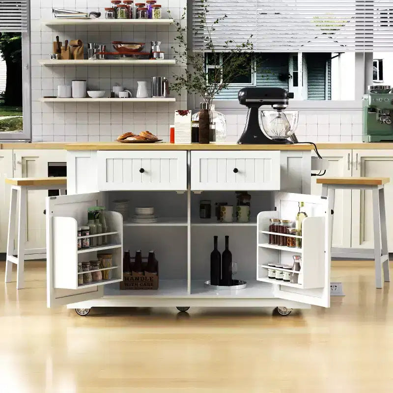 Grand îlot de cuisine roulant de 122 cm avec rallonge, prise de courant et 5 roulettes, chariot de cuisine avec étagères réglables et porte-épices, blanc/noir - ModernLuxe