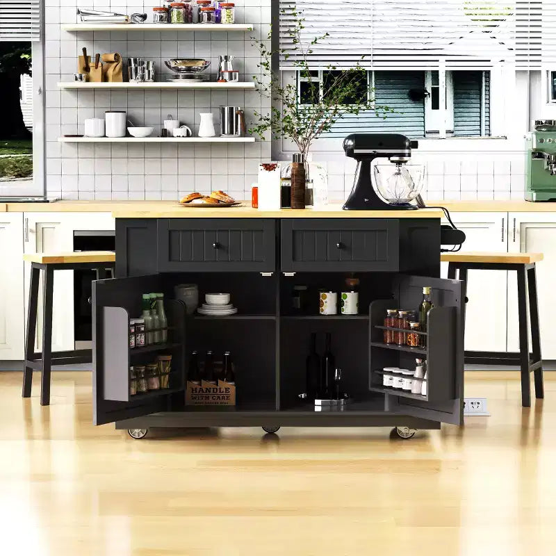 Grand îlot de cuisine roulant de 122 cm avec rallonge, prise de courant et 5 roulettes, chariot de cuisine avec étagères réglables et porte-épices, blanc/noir - ModernLuxe