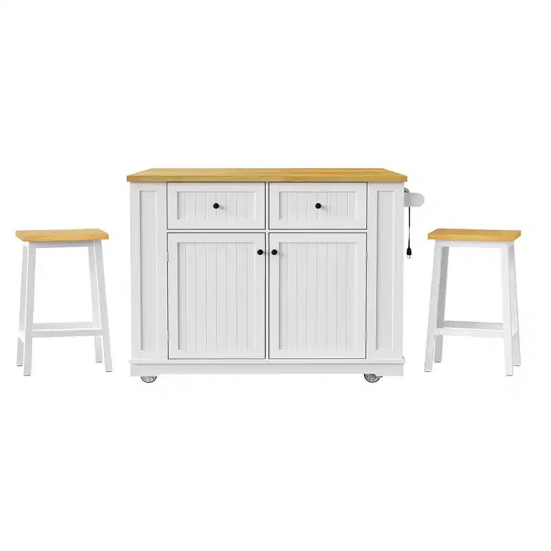 Grand îlot de cuisine roulant de 122 cm avec rallonge, prise de courant et 5 roulettes, chariot de cuisine avec étagères réglables et porte-épices, blanc/noir - ModernLuxe