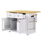 Grand îlot de cuisine roulant de 122 cm avec rallonge, prise de courant et 5 roulettes, chariot de cuisine avec étagères réglables et porte-épices, blanc/noir - ModernLuxe