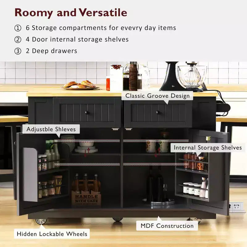 Grand îlot de cuisine roulant de 122 cm avec rallonge, prise de courant et 5 roulettes, chariot de cuisine avec étagères réglables et porte-épices, blanc/noir - ModernLuxe