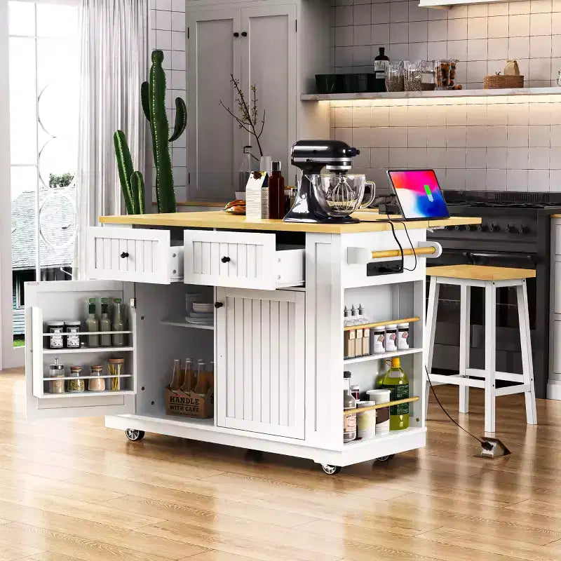 Grand îlot de cuisine roulant de 122 cm avec rallonge, prise de courant et 5 roulettes, chariot de cuisine avec étagères réglables et porte-épices, blanc/noir - ModernLuxe