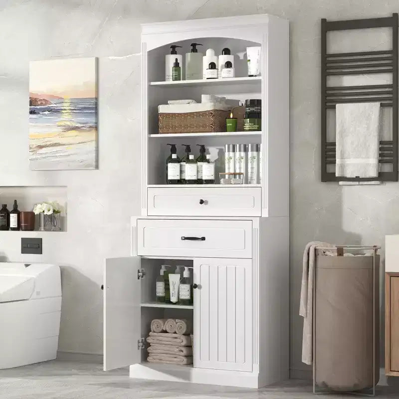 Meuble de Rangement Haut de Salle de Bain en Bois de 199,9 cm avec Tiroirs et Rangement, Étagère Moderne avec Étagère Réglable, Blanc - ModernLuxe