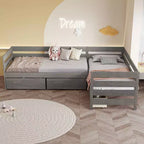 Lit plateforme en forme de L Whisen, format deux places, avec trois tiroirs de rangement