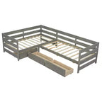 Lit plateforme en forme de L Whisen, format deux places, avec trois tiroirs de rangement