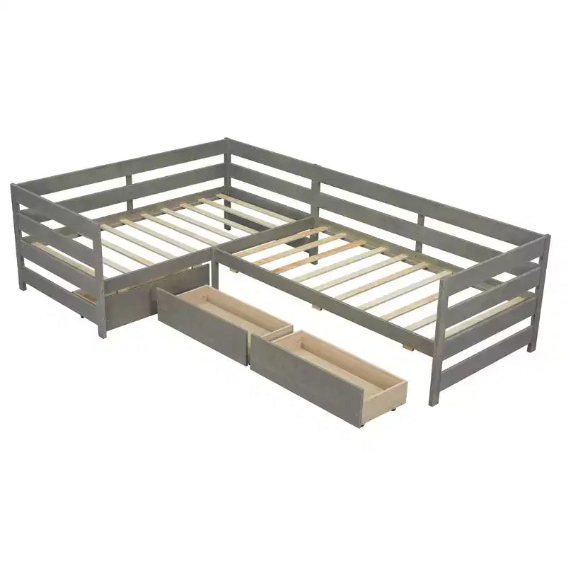 Lit plateforme en forme de L Whisen, format deux places, avec trois tiroirs de rangement