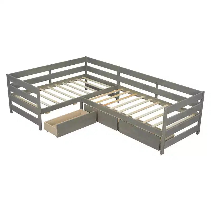 Lit plateforme en forme de L Whisen, format deux places, avec trois tiroirs de rangement