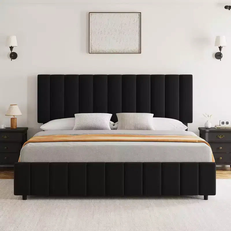 Garvee King/Queen/Full Upholstered Bed Frame with 4 Storage Drawers, Adjustable Headboard & Wood Slats, No Box Spring Needed, Black/Grey/White