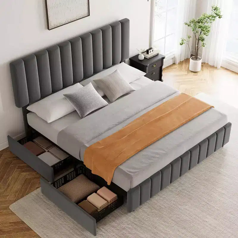 Cadre de lit rembourré Garvee King/Queen/Full avec 4 tiroirs de rangement, tête de lit réglable et lattes en bois, sans sommier tapissier, noir/gris/blanc