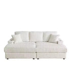Canapé 3 places en velours côtelé de 213 cm avec 3 coussins de dossier, 2 coussins décoratifs, 2 poufs, 2 espaces de rangement et porte-gobelets