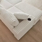 Canapé 3 places en velours côtelé de 213 cm avec 3 coussins de dossier, 2 coussins décoratifs, 2 poufs, 2 espaces de rangement et porte-gobelets