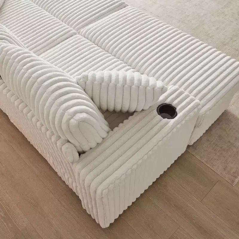 Canapé 3 places en velours côtelé de 213 cm avec 3 coussins de dossier, 2 coussins décoratifs, 2 poufs, 2 espaces de rangement et porte-gobelets