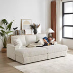 Canapé 3 places en velours côtelé de 213 cm avec 3 coussins de dossier, 2 coussins décoratifs, 2 poufs, 2 espaces de rangement et porte-gobelets