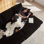 Canapé 3 places en velours côtelé de 213 cm avec 3 coussins de dossier, 2 coussins décoratifs, 2 poufs, 2 espaces de rangement et porte-gobelets