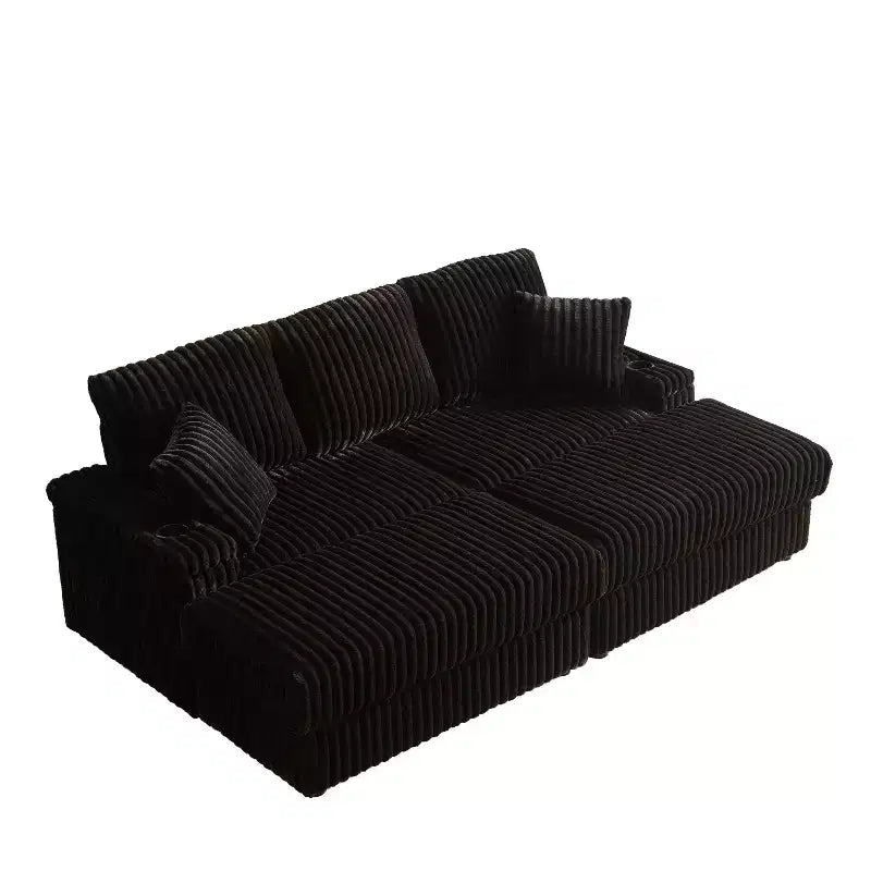 Canapé 3 places en velours côtelé de 213 cm avec 3 coussins de dossier, 2 coussins décoratifs, 2 poufs, 2 espaces de rangement et porte-gobelets