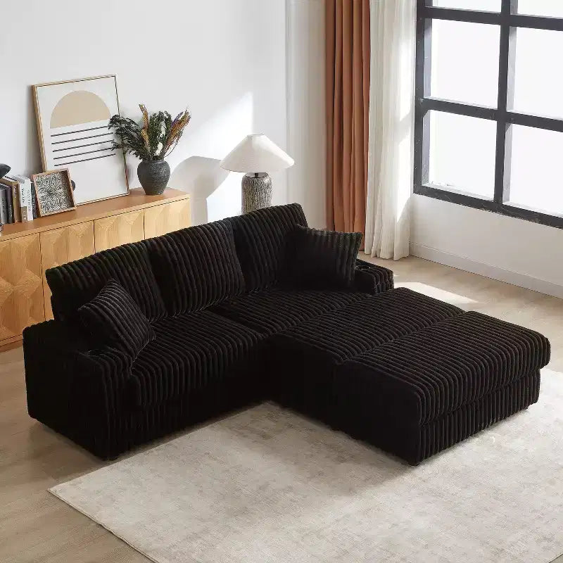 Canapé 3 places en velours côtelé de 213 cm avec 3 coussins de dossier, 2 coussins décoratifs, 2 poufs, 2 espaces de rangement et porte-gobelets
