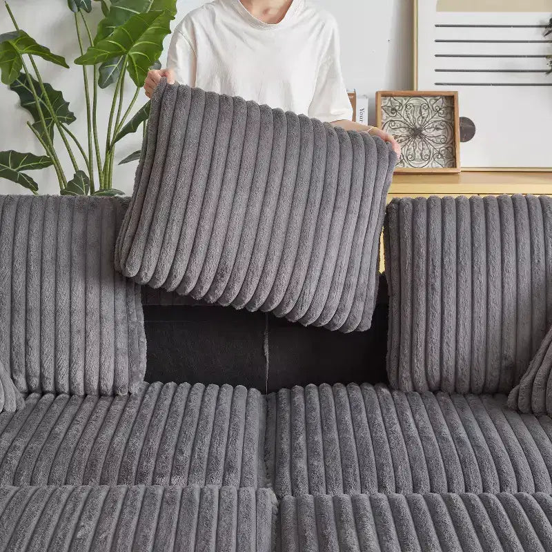 Canapé 3 places en velours côtelé de 213 cm avec 3 coussins de dossier, 2 coussins décoratifs, 2 poufs, 2 espaces de rangement et porte-gobelets