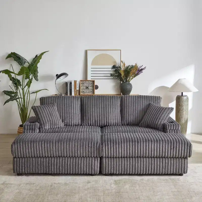 Canapé 3 places en velours côtelé de 213 cm avec 3 coussins de dossier, 2 coussins décoratifs, 2 poufs, 2 espaces de rangement et porte-gobelets